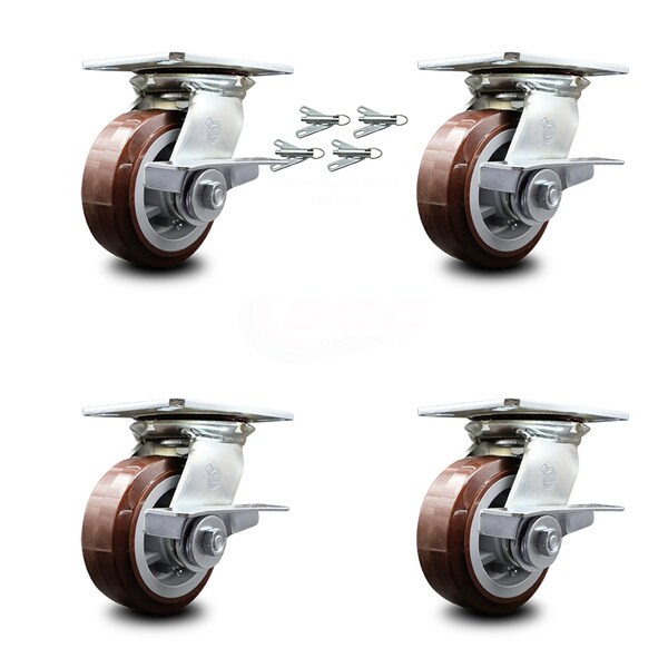 5 Inch Polyurethane Caster Set with Roller Bearing and Brakes/Swivel Locks SCC